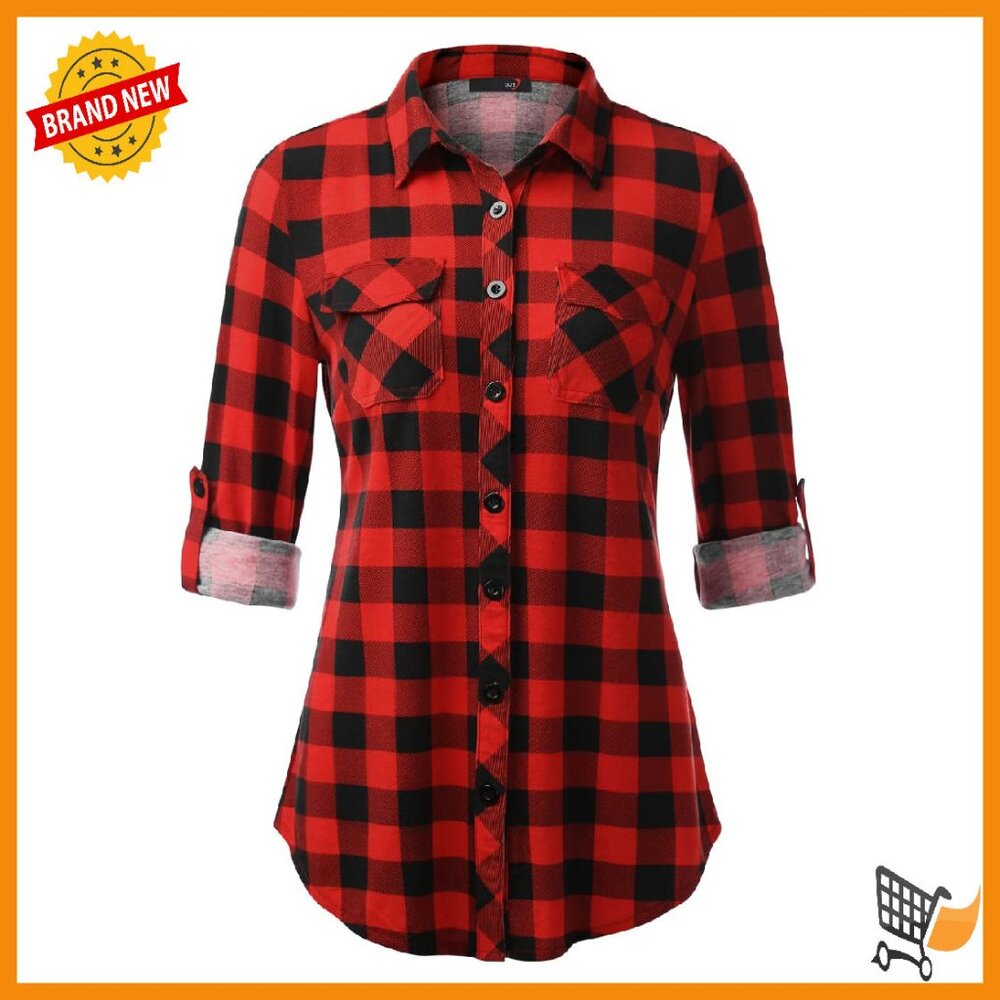 Soft Stretchy Knit Plaid Button Down Blouse Long Sleeve Tops